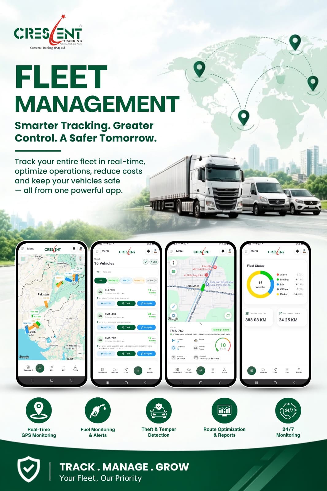 Crescent Tracking fleet management app with live map, vehicle list and fleet status