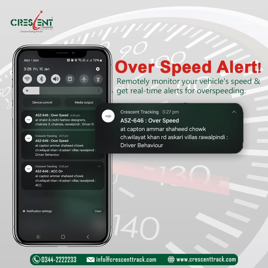 Crescent Tracking over speed alert notifications on a mobile phone