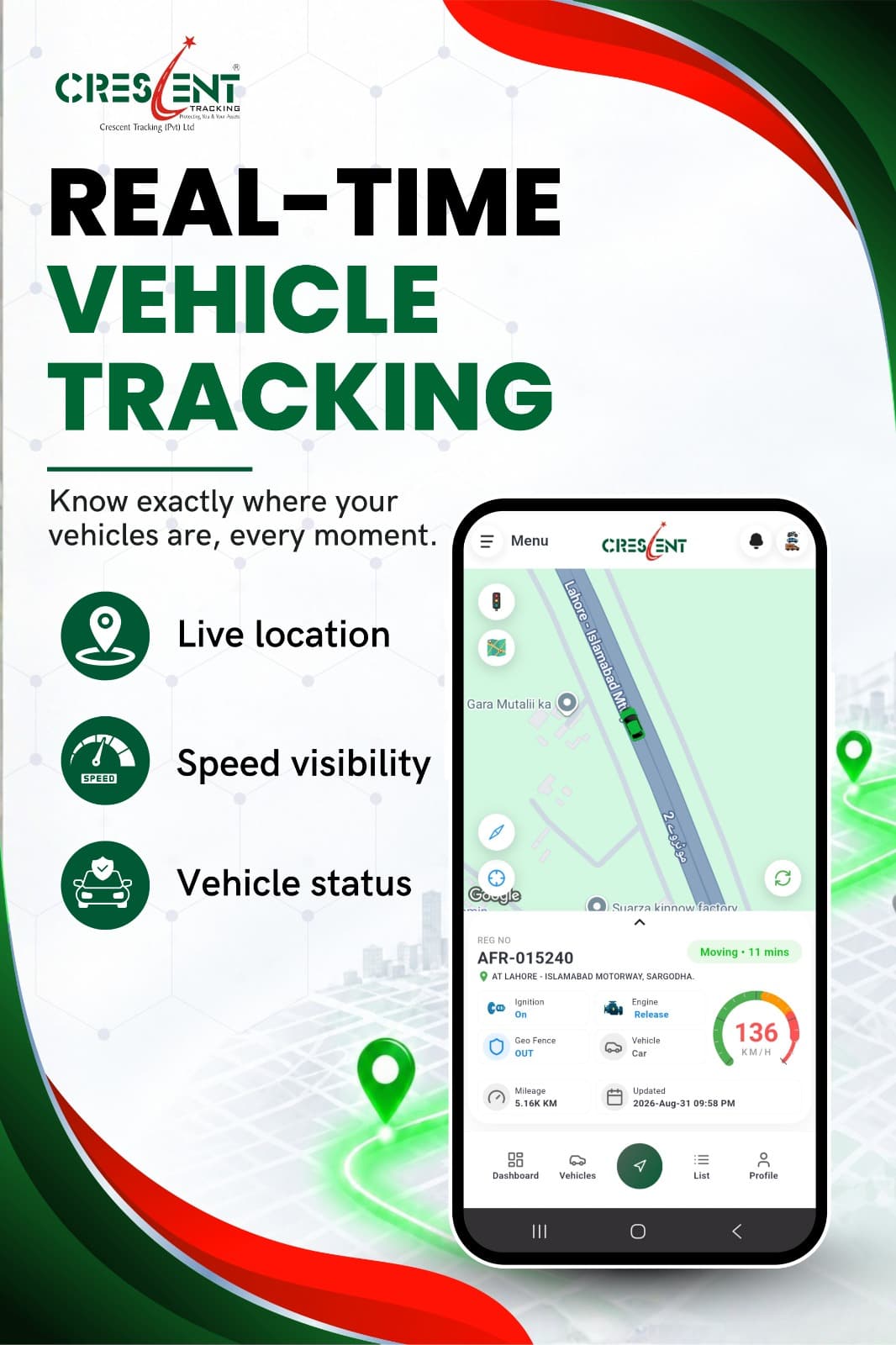 Real-time vehicle tracking with live location, speed and vehicle status